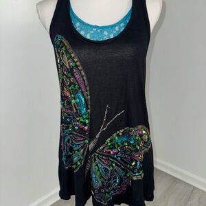 Candie’s Black Racerback Tank Top Large Sequin Butterfly‎ Y2K 2000s Sleeveless